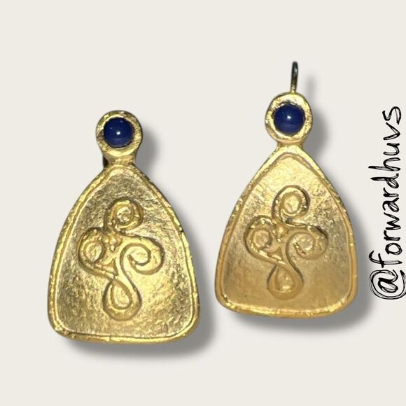 Gold Tone Leverback Earrings with Lapis Blue Stone - Picture 2 of 10